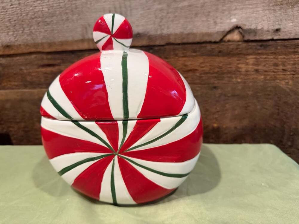 Red and White Peppermint Swirl Holiday Ceramic Cookie Jar with Lid